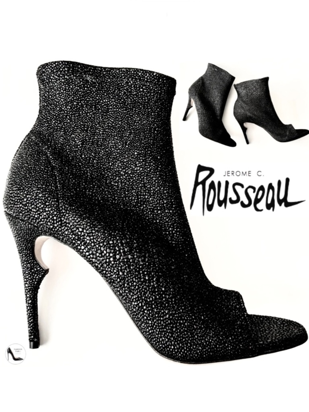 Jerome C. Rousseau Black Caviar Textured Leather Open Toe Stiletto Heel Booties